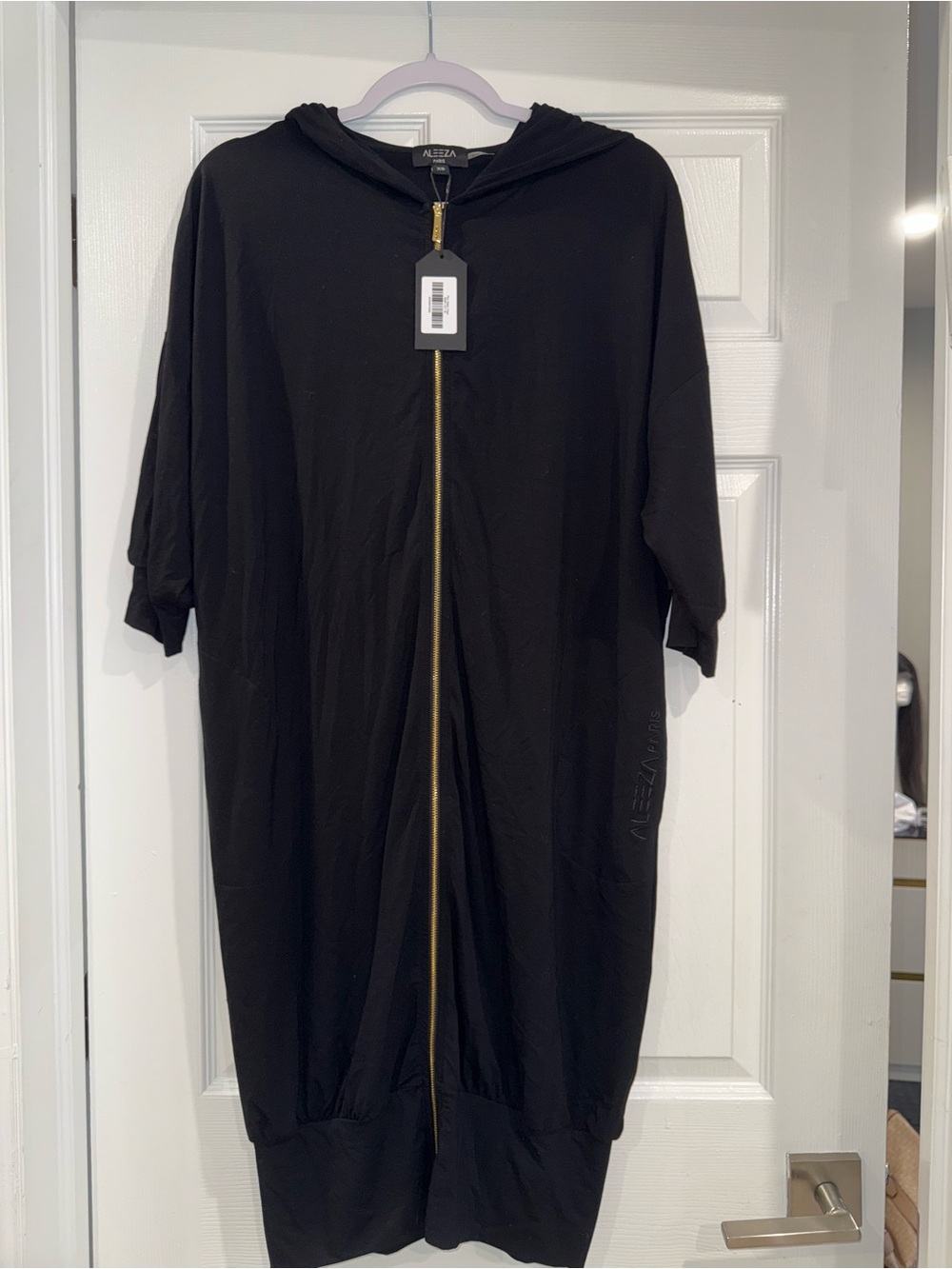 Aleeza Paris Black Hooded Zip-Front Midi Dress